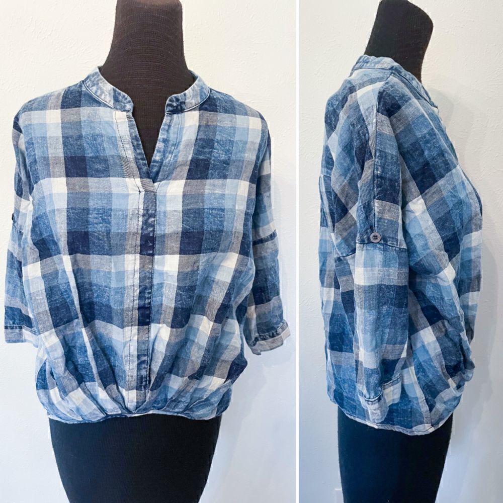 NWT Blue Denim Plaid Twist Top L